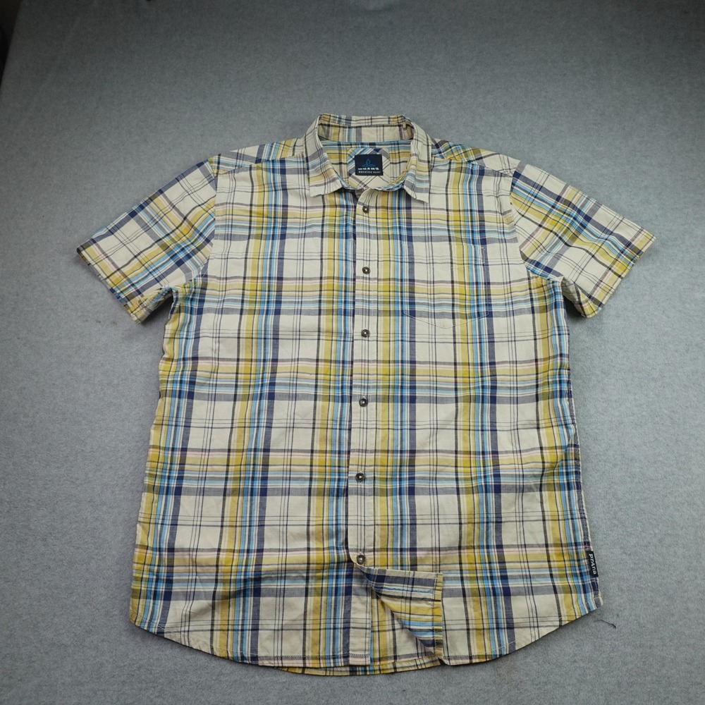 prAna Shirt Mens Large Yellow Plaid Breathe Button Down Casual Outdoor
